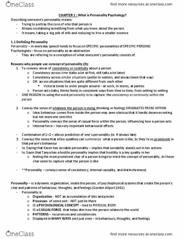 PSYCO333 Lecture Notes - Lecture 1: Biological Process, Gordon Allport, Heredity thumbnail