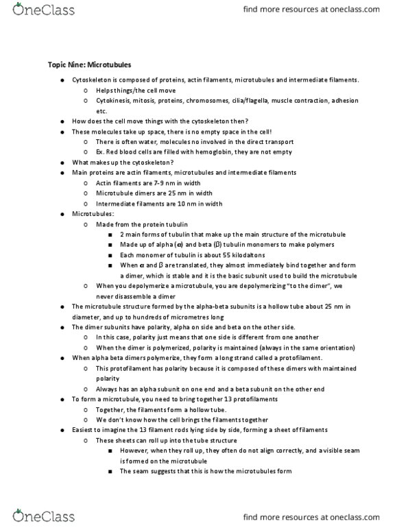 Biology 2382B Lecture Notes - Lecture 9: Interphase, Microtubule-Associated Protein 2, Hemoglobin thumbnail