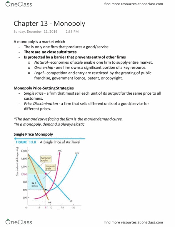 ECON 1050 Chapter Notes - Chapter 13: Demand Curve, Monopoly Price thumbnail