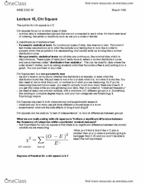 KINE 2050 Lecture Notes - Lecture 16: Chi-Squared Distribution, Statistical Hypothesis Testing, Level Of Measurement thumbnail