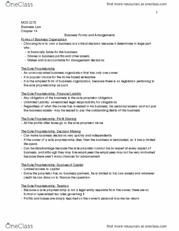 Management and Organizational Studies 2275A/B Chapter Notes - Chapter 14: Law Of Agency, Franchising, Limited Liability thumbnail