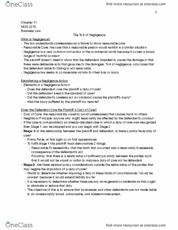 Management and Organizational Studies 2275A/B Chapter Notes - Chapter 11: Contributory Negligence, Reasonable Person, Product Liability thumbnail