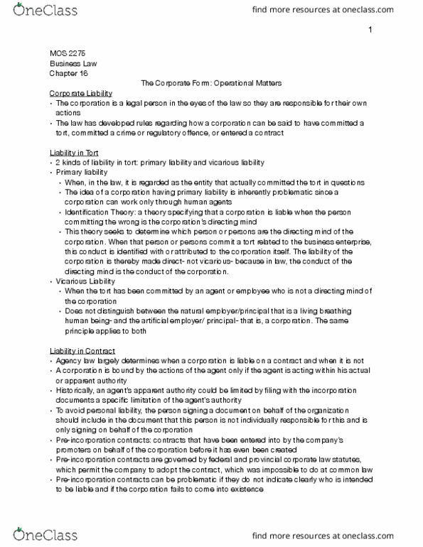Management and Organizational Studies 2275A/B Chapter Notes - Chapter 16: Fiduciary, Transfer Tax, Law Of Agency thumbnail