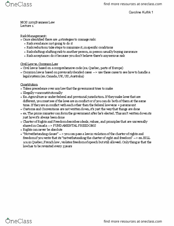 Management and Organizational Studies 2275A/B Lecture Notes - Lecture 1: Charter Of The French Language, Section 33 Of The Canadian Charter Of Rights And Freedoms thumbnail