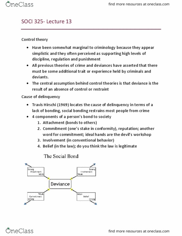 SOCI 325 Lecture Notes - Lecture 13: Social Control Theory, Differential Association, Control Theory thumbnail