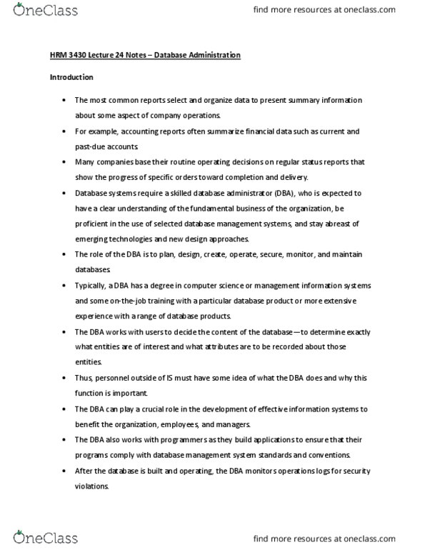 HRM 3430 Lecture Notes - Lecture 24: Database Administrator, Management System, Sql Injection thumbnail