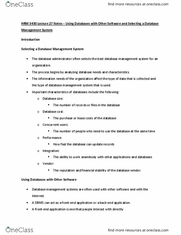 HRM 3430 Lecture Notes - Lecture 27: Management System, Database Administrator thumbnail