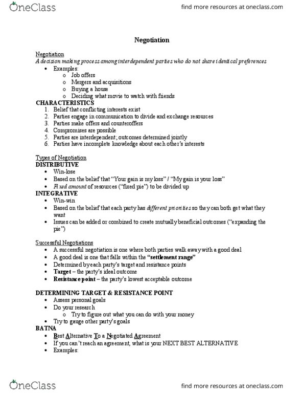 BU288 Lecture Notes - Lecture 9: Escalation Of Commitment, Best Alternative To A Negotiated Agreement, Reservation Price thumbnail