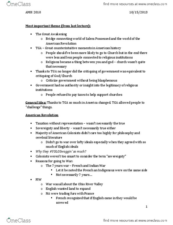 AMH 2010 Lecture Notes - Guerrilla Warfare, General Idea, Sugar Act thumbnail