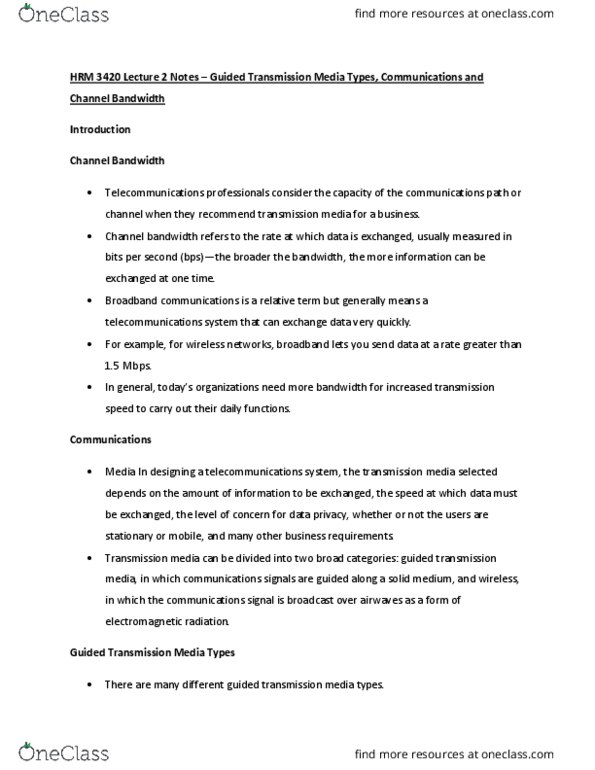 HRM 3420 Lecture Notes - Lecture 2: Communications System, Optical Fiber thumbnail