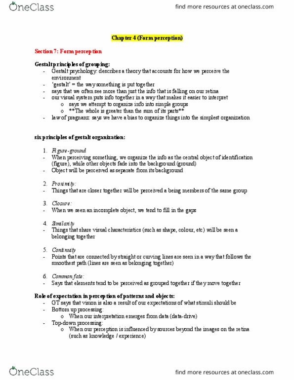 PSYCH 1XX3 Chapter Notes - Chapter 4: Gestalt Psychology, Retina, Exemplar Theory thumbnail