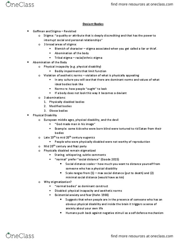 SOC 2070 Lecture Notes - Lecture 10: Liposuction, Erving Goffman, Malingering thumbnail