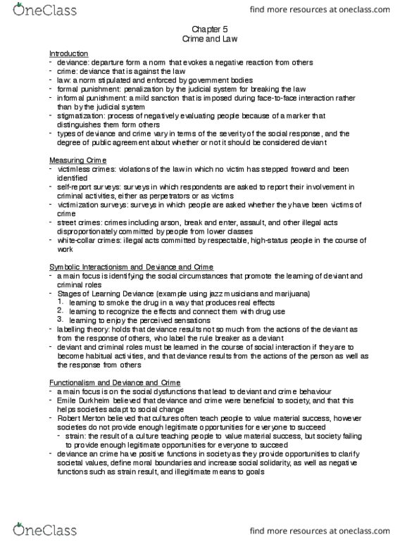 SOC100H5 Chapter Notes - Chapter 5: Labeling Theory, Restorative Justice, Moral Panic thumbnail