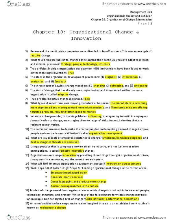 MGT 300 Chapter Notes - Chapter 10: Organization Development, Organizational Culture, Reward System thumbnail