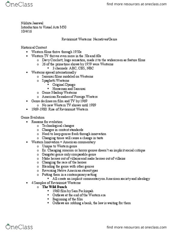 FILM TV M50 Lecture Notes - Lecture 3: Bounty Hunter, Blazing Saddles, Revisionist Western thumbnail