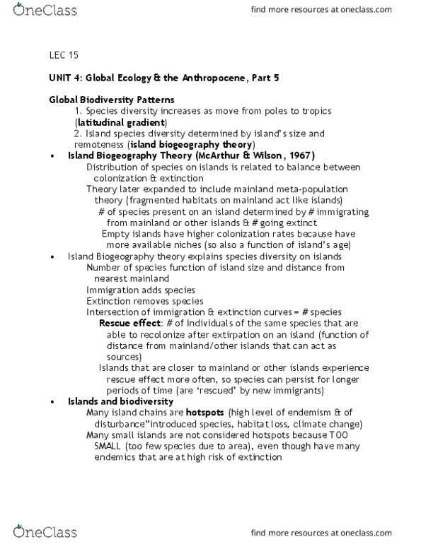 BIOA02H3 Lecture Notes - Lecture 15: Metapopulation, Endemism, Insular Biogeography thumbnail