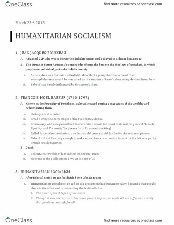 POL 307 Lecture Notes - Lecture 13: Jean-Jacques Rousseau, Working Poor, Scientific Socialism thumbnail