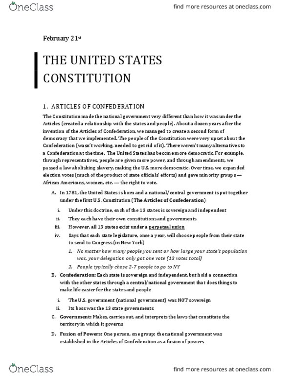 POL 307 Lecture Notes - Lecture 15: Indirect Election, Articles Of Confederation, Enumerated Powers thumbnail