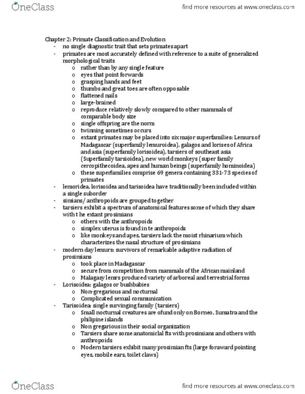 ANTC23H3 Chapter Notes - Chapter 2: Lorisoidea, Southeast Asia, Simian thumbnail