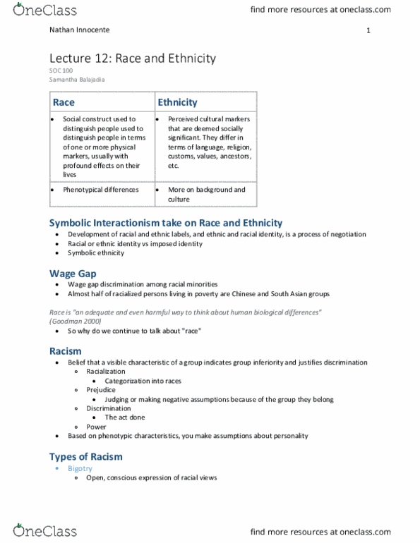 SOC100H5 Lecture Notes - Lecture 12: Japanese Canadians, Racialization, Gender Pay Gap thumbnail