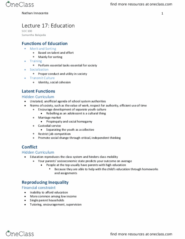 SOC100H5 Lecture Notes - Lecture 17: Cultural Capital, Single Parent thumbnail