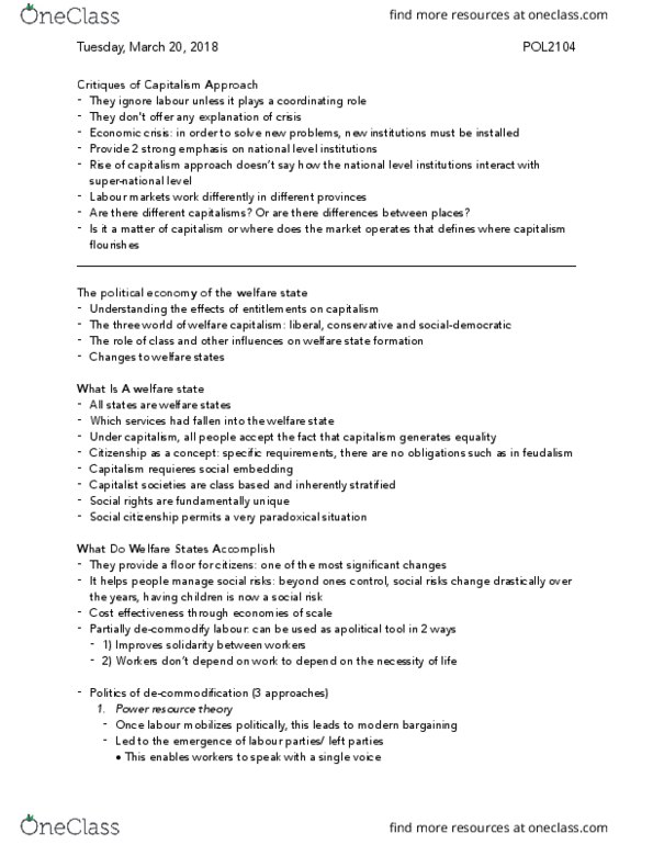 POL 2104 Lecture Notes - Lecture 9: Social Democracy, Market Structure, Decommodification thumbnail