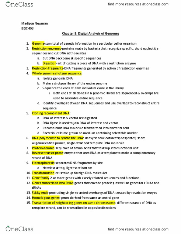 BISC403 Lecture Notes - Lecture 15: Restriction Enzyme, Open Reading Frame, Bottom 10 thumbnail