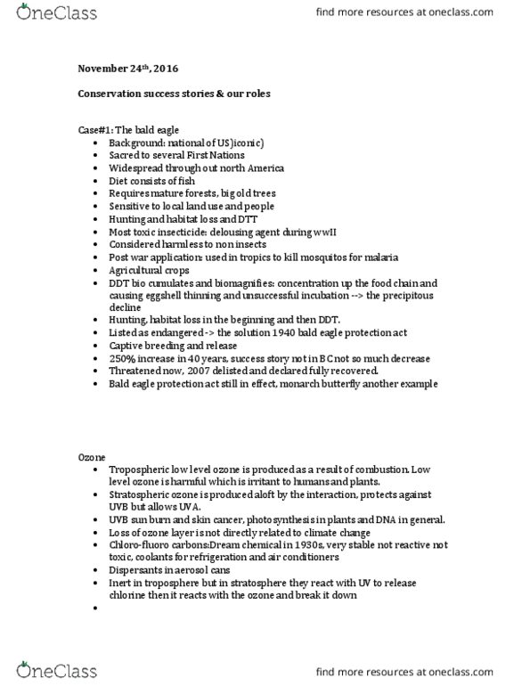 CONS 101 Lecture Notes - Lecture 24: Insecticide, Monarch Butterfly, Bald Eagle thumbnail