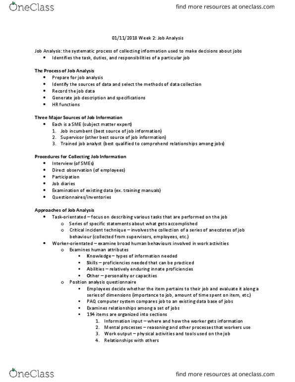 PSYC 3460 Lecture Notes - Lecture 2: Personnel Selection, Job Performance, Job Evaluation thumbnail