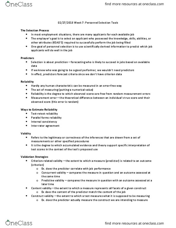 PSYC 3460 Lecture Notes - Lecture 7: Personnel Selection, Content Validity, Job Performance thumbnail