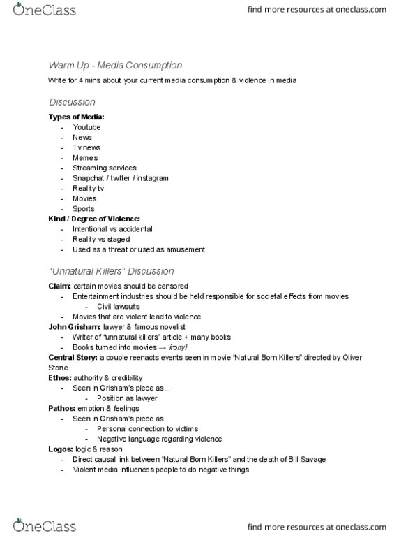 WR 121 Lecture Notes - Lecture 3: Media Consumption, Pathos, John Grisham thumbnail