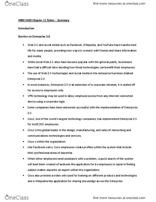 HRM 3420 Chapter Notes - Chapter 11: Web 2.0 thumbnail
