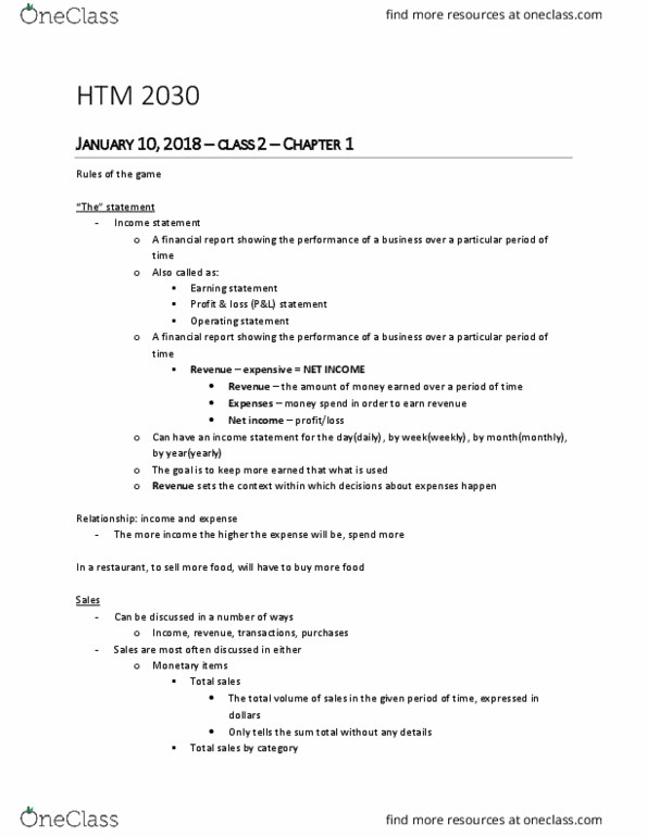 HTM 2030 Chapter Notes - Chapter 1: Standard Cost Accounting, Income Statement, Net Income thumbnail