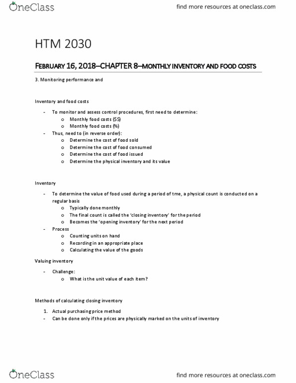 HTM 2030 Chapter Notes - Chapter 8: Inventory Turnover thumbnail