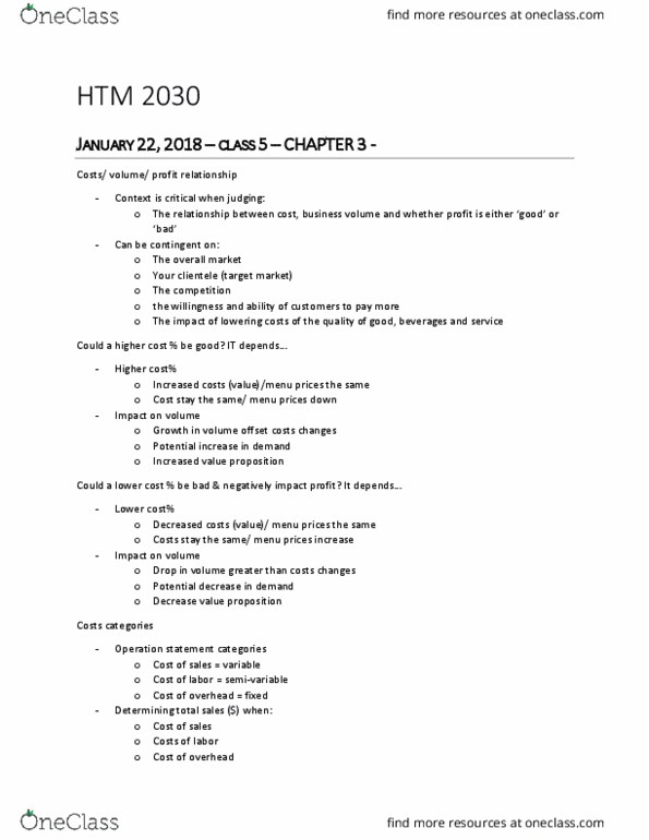 HTM 2030 Chapter Notes - Chapter 3: Contribution Margin, Fixed Cost, Income Statement thumbnail
