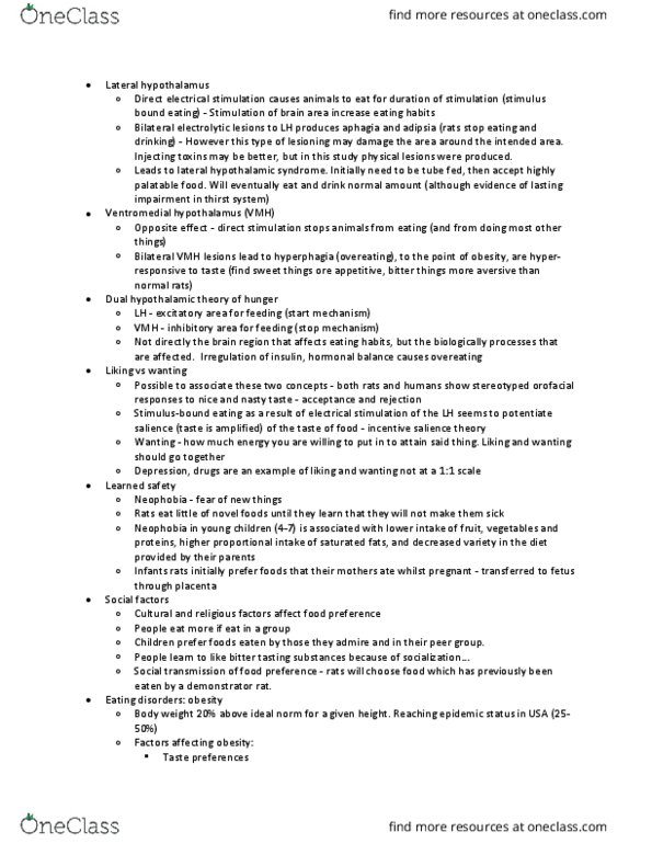 PSYC 361 Lecture Notes - Lecture 11: Polyphagia, Major Depressive Disorder, Leptin thumbnail