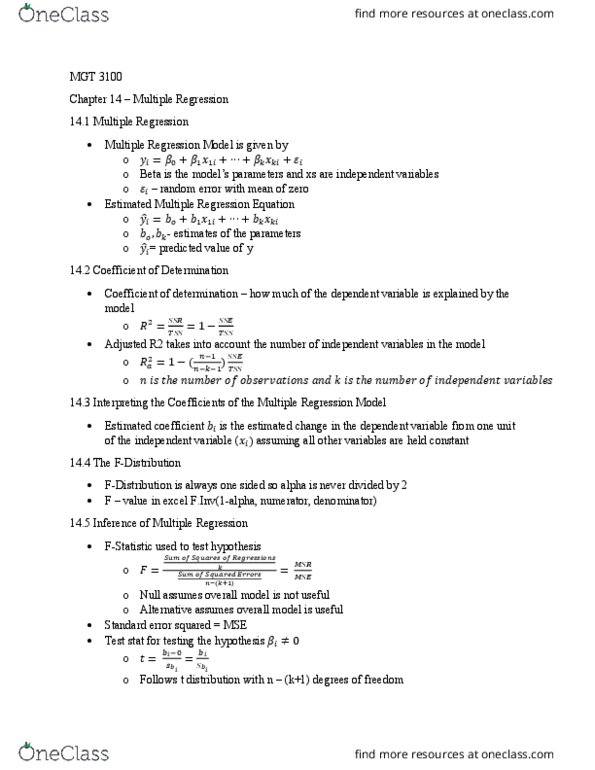 MGT-3100 Lecture Notes - Lecture 5: Confidence Interval, Multicollinearity, Correlation And Dependence thumbnail