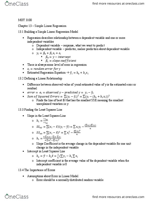 MGT-3100 Lecture Notes - Lecture 4: Dependent And Independent Variables, Random Variable thumbnail