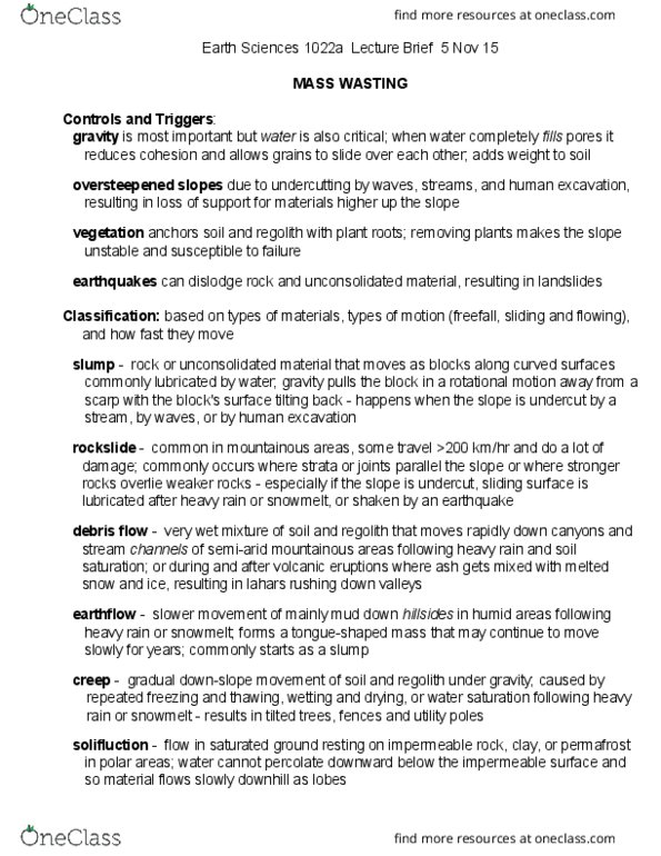 Earth Sciences 1022A/B Lecture Notes - Lecture 19: Earthflow, Water Content, Debris Flow thumbnail