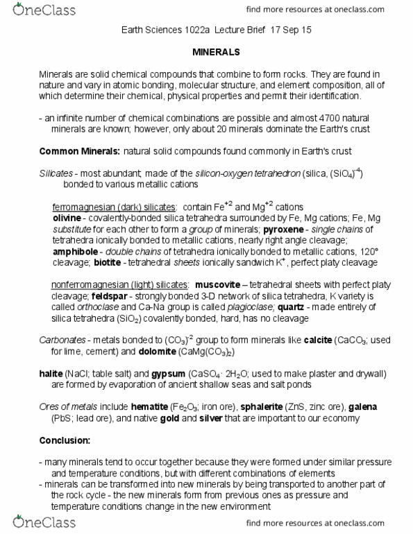 Earth Sciences 1022A/B Lecture Notes - Lecture 16: Mafic, Gypsum, Plagioclase thumbnail