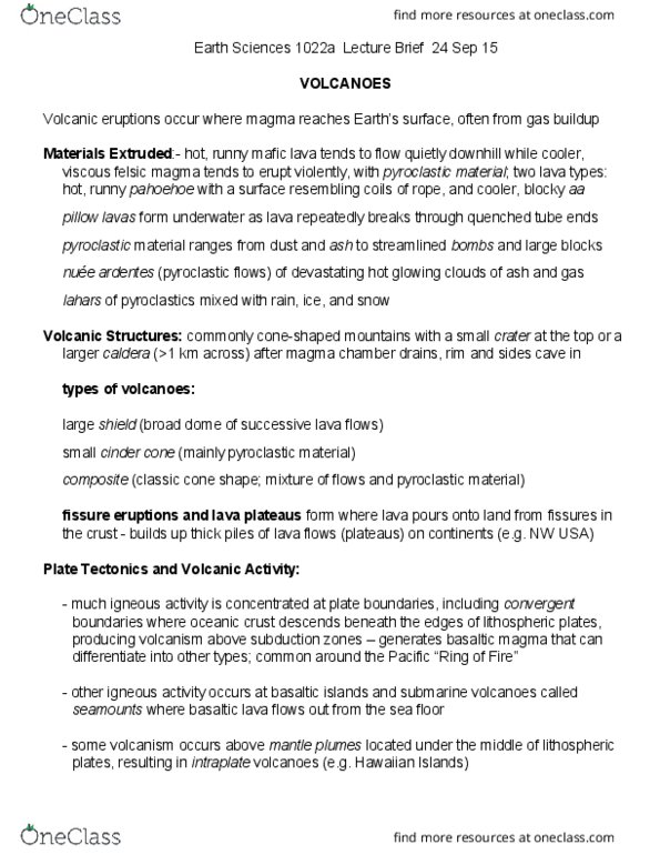 Earth Sciences 1022A/B Lecture Notes - Lecture 13: Plate Tectonics, Subduction, Lava thumbnail