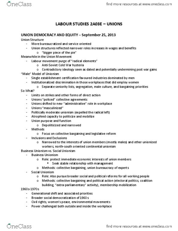 LABRST 2A03 Lecture Notes - Institutionalized Discrimination, Far-Left Politics, Union Movement thumbnail