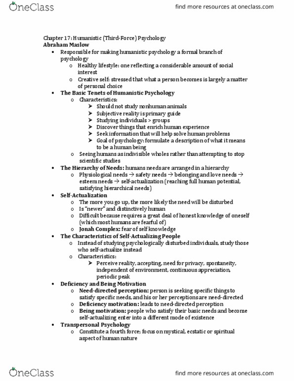 PSY 4130 Lecture Notes - Lecture 17: Abraham Maslow, Humanistic Psychology, Unconditional Positive Regard thumbnail