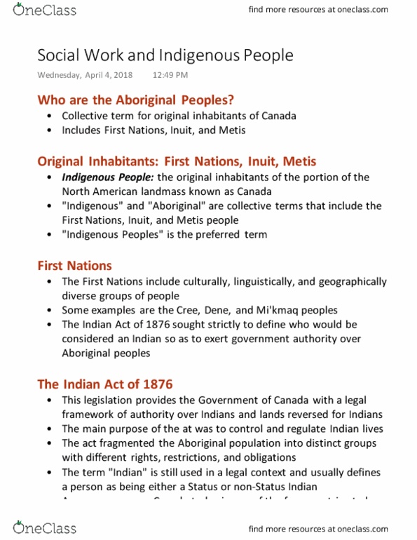 Social Work 1022A/B Lecture Notes - Lecture 9: Indian Act, Sixties Scoop, Indian Register thumbnail