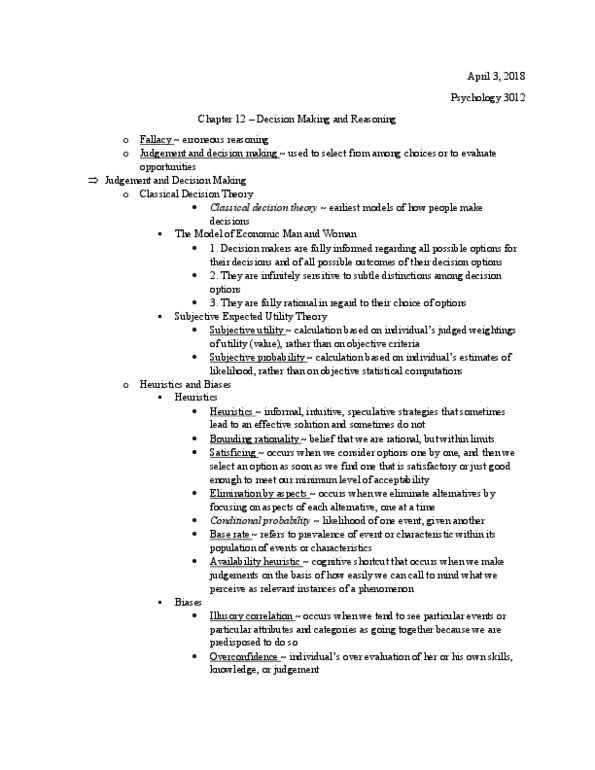 PSYC 3012 Chapter 12: Decision Making and Reasoning thumbnail