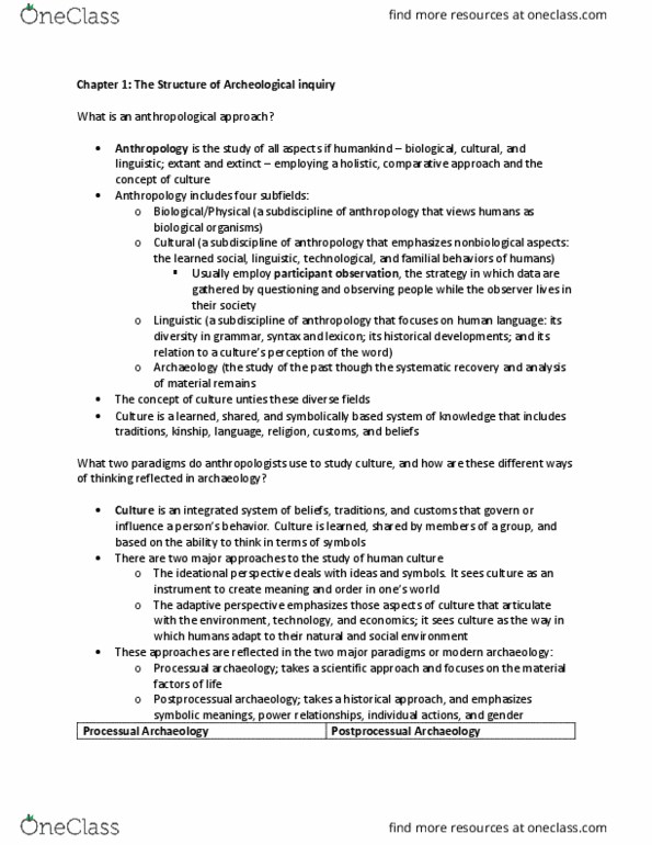 ANT101H5 Chapter Notes - Chapter 1: Participant Observation, Ethnoarchaeology, Taphonomy thumbnail