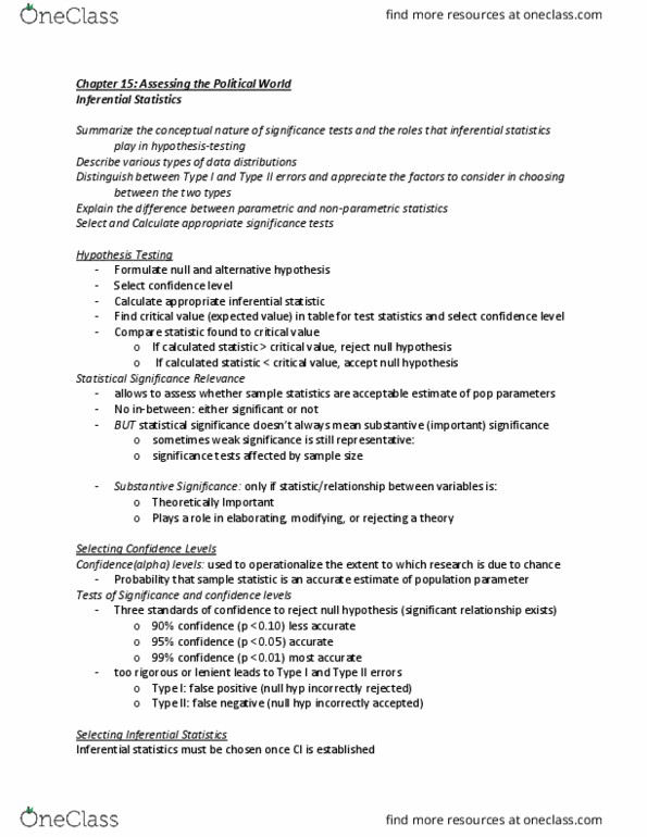 POLI 210 Chapter Notes - Chapter 15: Analysis Of Variance, Statistical Parameter, Contingency Table thumbnail