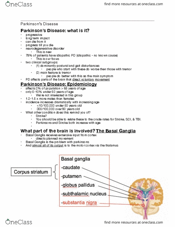 Rehabilitation Sciences 3060A/B Lecture Notes - Lecture 9: Basal Ganglia, Neurodegeneration, Idiopathy thumbnail