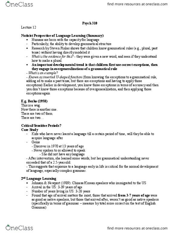PSYC 310 Lecture Notes - Lecture 12: Steven Pinker, Kim Kardashian, Linguistic Competence thumbnail