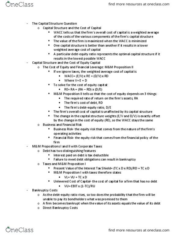 FIN-3403 Chapter Notes - Chapter 16: Weighted Arithmetic Mean, Capital Structure thumbnail